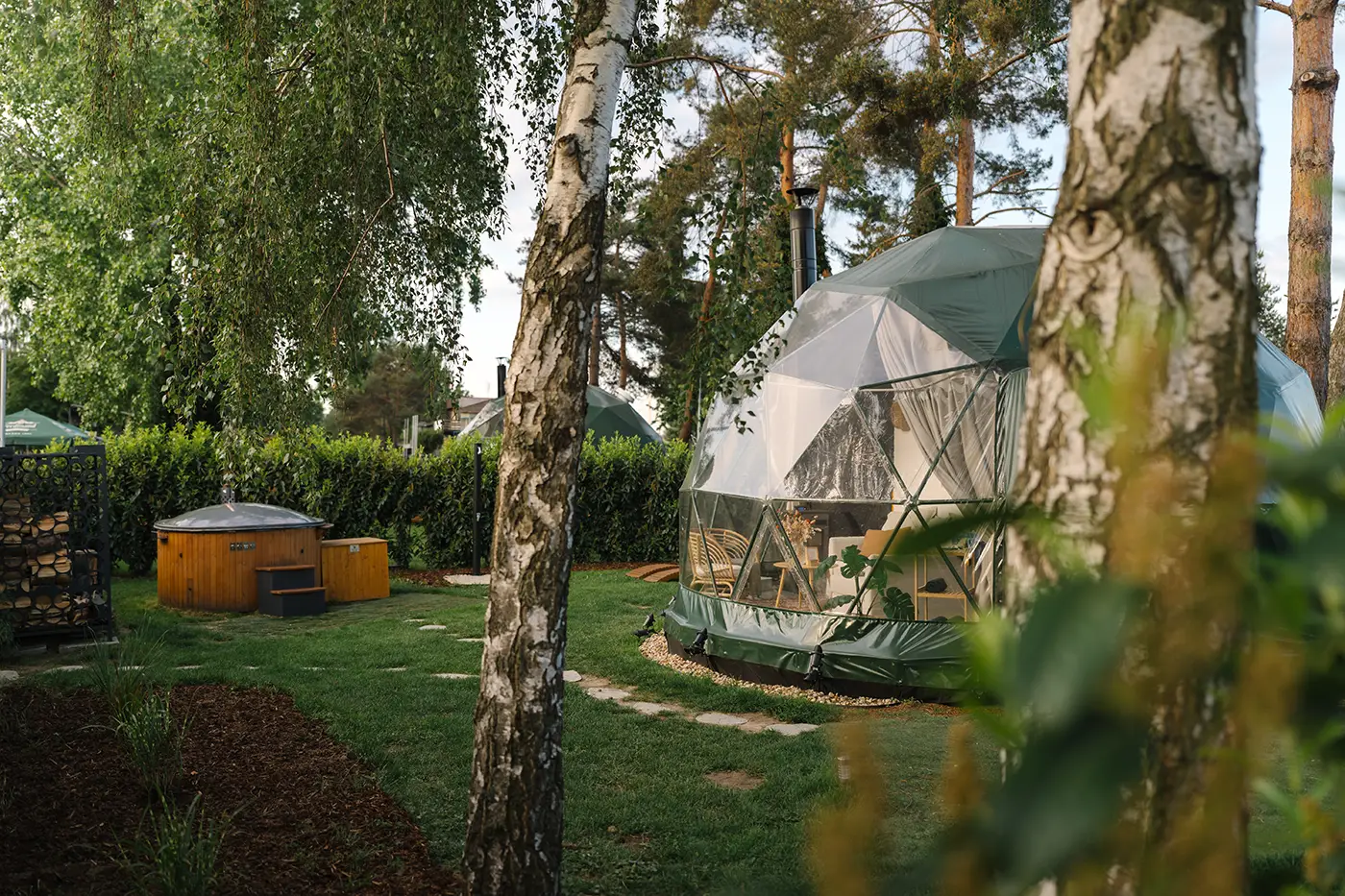 Living area inside the dome — sofa, pellet stove and a coffee table with dried flowers
